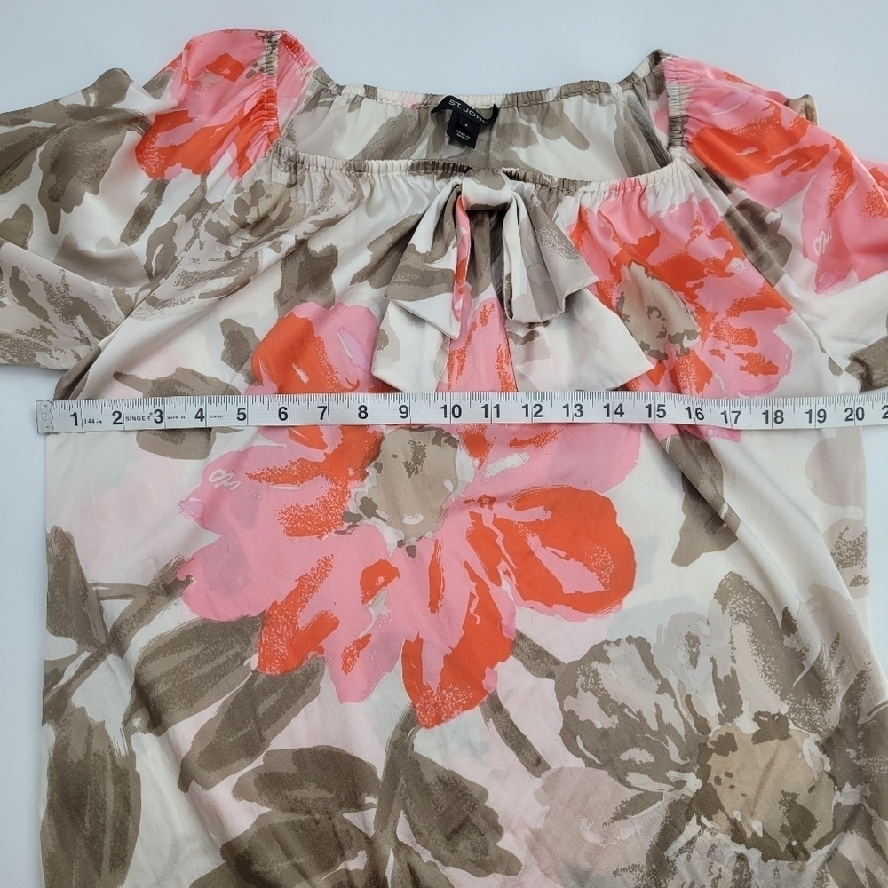St john silk floral bubble sleeves tie neck blouse top size 4 - Picture 9 of 11